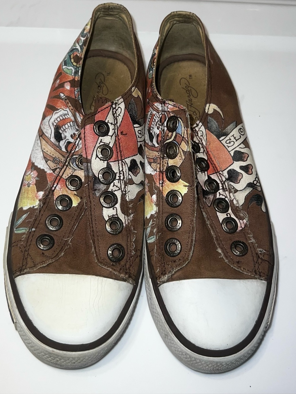 Ed Hardy Brown Canvas Slip-On Sneakers with Multicolor Skull Floral Print